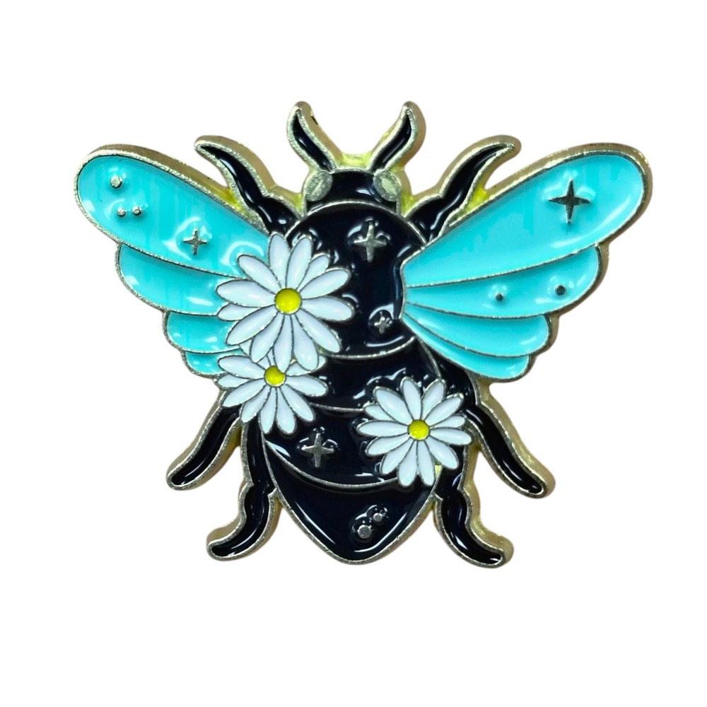 Black, Blue And Gold Tone Stylized Bee Adorned With Daisy Flowers Enamel Pin